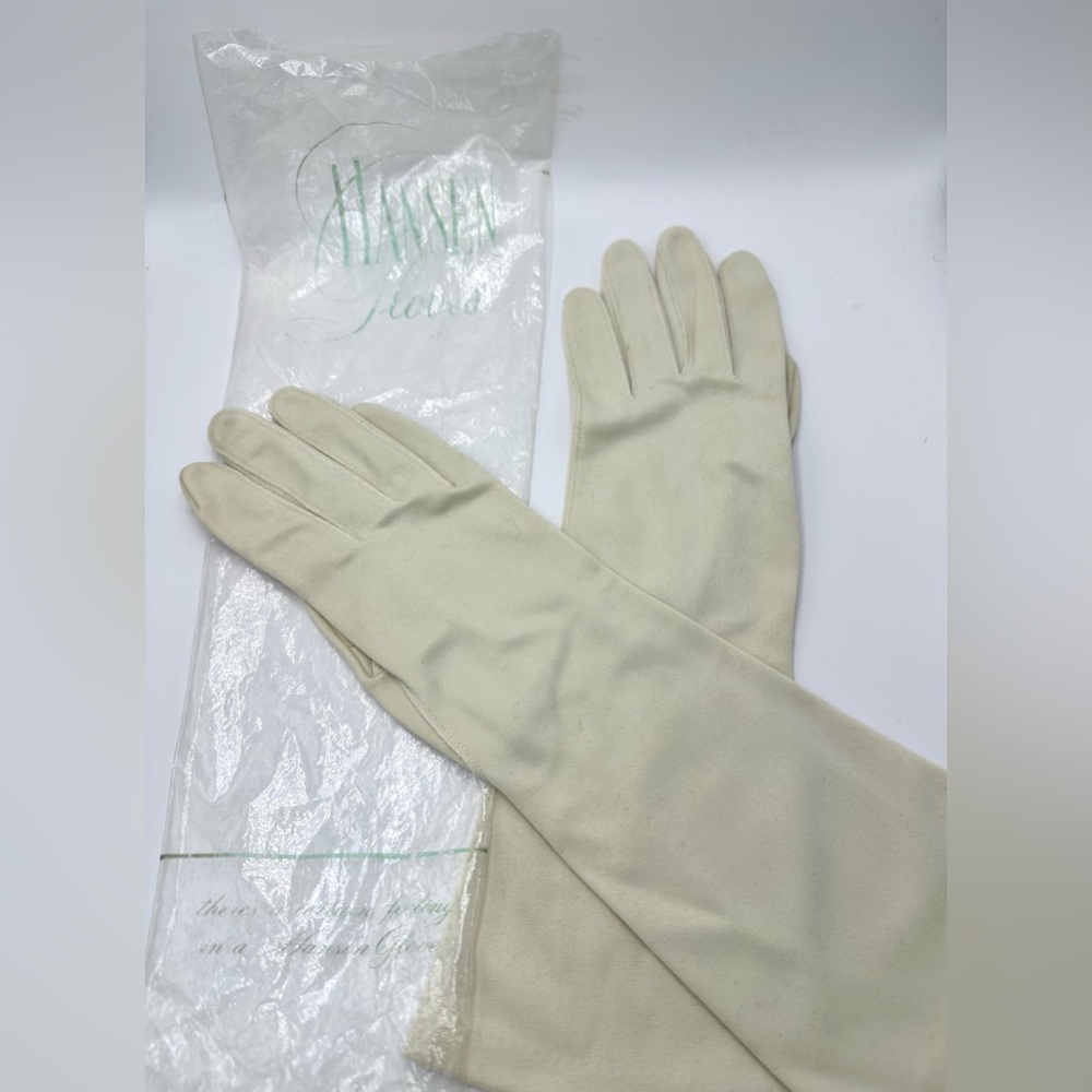 Hansen 1950s Complexion Nylon Sz 7 Ladies Elbow Length Ivory Gloves Original Bag